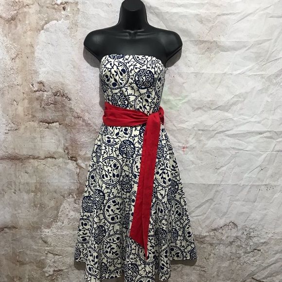 ANTHROPOLOGIE by Tabitha Strapless Paisley Floral Blue White Red Sash Linen~2 - Picture 2 of 6